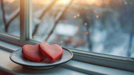 Heart-shaped cookies on a windowsill with a snowy background. AI Generated