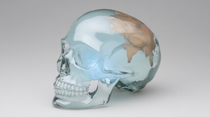 A glass skull sculpture featuring a world map on its surface.