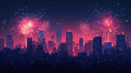 Cityscape fireworks display at night.