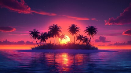 Vibrant sunset over tropical island with palm trees.