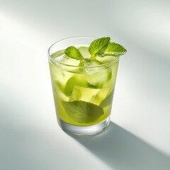 Chilled green tea in a glass tumbler. Featuring mint leaves and lime wedges