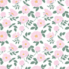 Seamless pattern with rosehip groves. Pink rose flowers on a white background. Buds, leaves, flowers. For Textile, Design, Packaging, Background