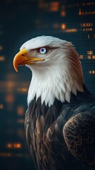 A majestic eagle with striking features against a digital background.