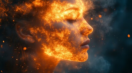 Artistic portrait of a fiery woman against a dark background