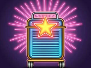 A neon-lit graphic of a cart with a star, radiating vibrant colors.