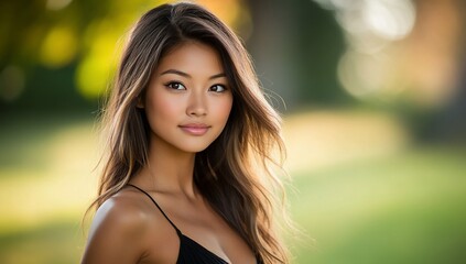 Naklejka premium Beautiful Asian woman with long brown hair, outdoors.