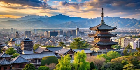 Obraz premium Panoramic view of Kyoto city skyline with traditional temples and mountains in the background, Kyoto, Japan, cityscape