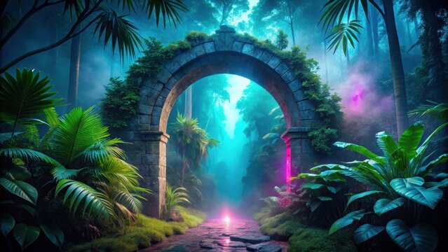 Mysterious stone archway with neon lights in a tropical jungle with a foggy backdrop, mysterious