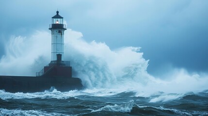Lighthouse standing tall against a stormy ocean backdrop