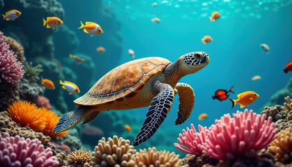 Fototapeta premium Colorful underwater scene shows sea turtle swimming among vibrant coral reefs, schools of colorful tropical fish. Beautiful coral formations in various colors visible. Water crystal clear, revealing