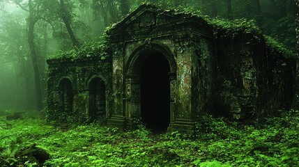 Fototapeta premium An overgrown, moss-covered ruin in a misty forest, evoking mystery and nature's reclaiming.