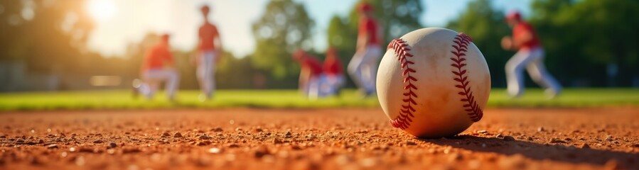 Young baseball players practice on sunny field. Actively engaged in throwing, running. Image teamwork, healthy lifestyle. Sunny day outdoors activity. Sportsmanship in action. Scene evokes summer - obrazy, fototapety, plakaty