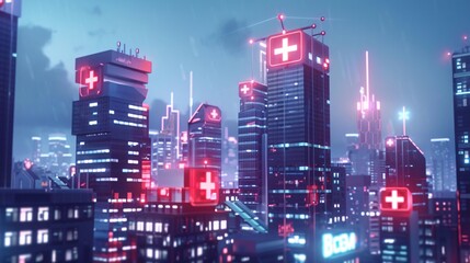 Fototapeta premium Futuristic and modern cityscape with illuminated skyscrapers glowing neon lights and high rise commercial buildings at night Conceptual image of a vibrant technologically advanced urban landscape