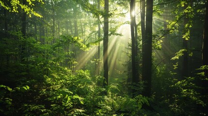 Lush green forest, sunlight filtering through leaves