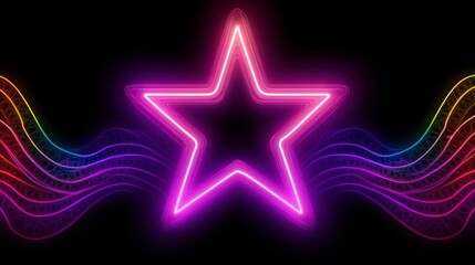 Obraz premium A vibrant neon star surrounded by colorful wave patterns on a dark background.