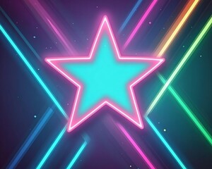 Obraz premium A vibrant neon star surrounded by colorful light beams on a dark background.