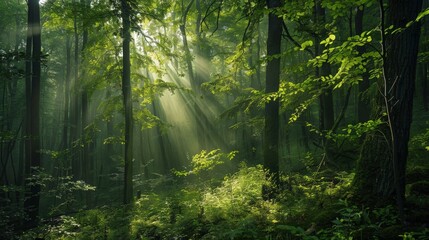 Lush green forest, sunlight filtering through leaves