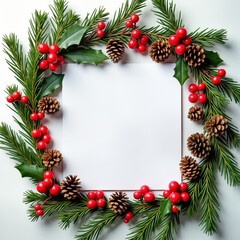 Fototapeta premium Festive Christmas border design. Pine branches, pine cones, holly berries, red decorations form frame around blank white space. Natural elements, minimalist composition create seasonal holiday