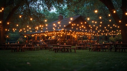 Obraz premium Outdoor Restaurant Patio Decorated With String Lights