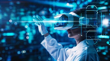 Immersed in Virtual Reality Futuristic Digital Technology  A person wearing a VR headset surrounded by a high tech data driven digital environment