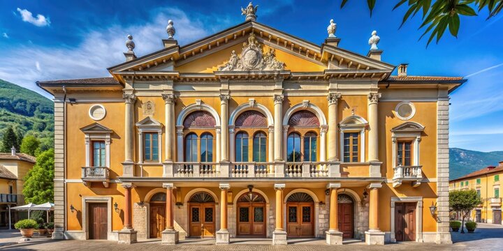 Historical theatre in Il Vittoriale At Gardone Riviera Kale Garda Italy with large windows and ornate decorations, gardone riviera, facade