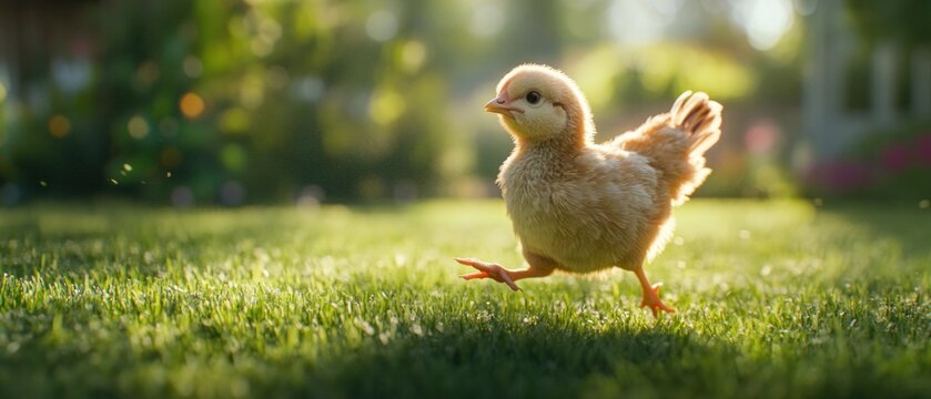 Cute fluffy chick running on green grass in sunlight.