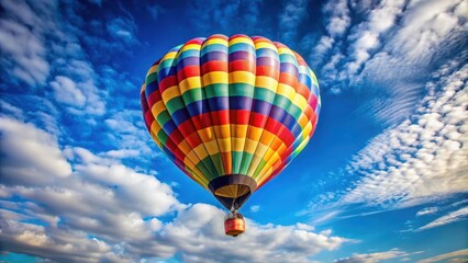 Fototapeta premium Upward perspective view of a hot air balloon rising into the sky, aircraft, adventure, journey, soaring, freedom, fly