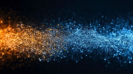 Abstract representation of particles in motion, blending orange and blue hues.