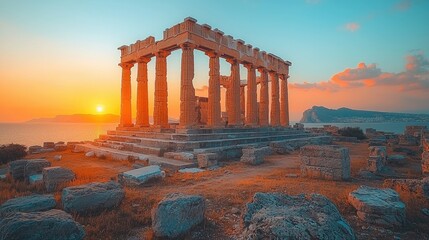 Obraz premium Ancient temple ruins at sunset, showcasing classical architecture and scenic landscape.