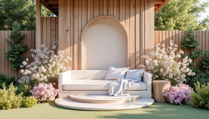  A white sofa with two pillows sits on a circular white step, surrounded by pink and white flowers, in a serene garden setting with a wooden archway and a wooden fence.