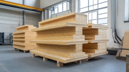 Stacked pine wood planks in a factory, showcasing storage and organization of wooden materials