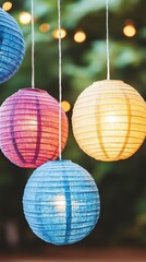 Obraz premium Colorful paper lanterns hanging, creating a festive atmosphere.