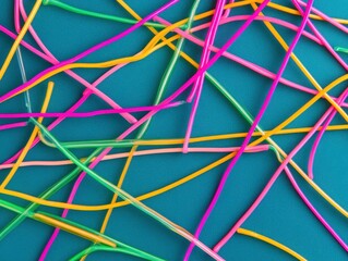Colorful plastic straws tangled on a teal background.