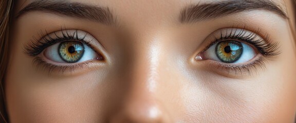 Naklejka premium Close-up of vibrant eyes with natural makeup and defined eyebrows