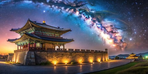 Obraz premium Historic Hwaseong Fortress under the Milky Way Galaxy in Seoul, South Korea, Hwaseong Fortress, Milky Way Galaxy