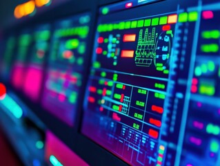 Digital display panel showing data visualizations and control metrics.