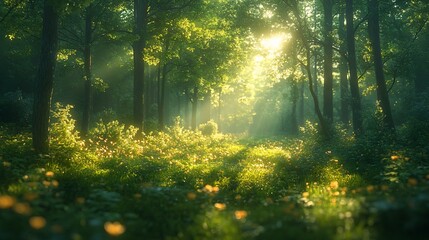 Obraz premium Sunlit Forest Path With Lush Green Foliage and Flowers