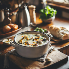  clam chowder and rustic kitchen