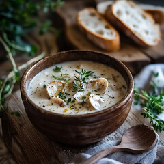  clam chowder and rustic table