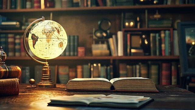 Tracking along a wooden desk with a glowing globe, books and a bookcase in the background in a classic wooden office.