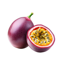 Whole and Halved Purple Passion Fruit on White Background
