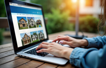 Woman browsing real estate website on laptop. Hands typing on keyboard. Open listings of houses. Modern tech convenience. Online home search. Digital property marketplace. Buying home. Residential
