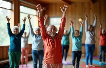 Diverse senior people participate in indoor yoga class at retreat center. Wearing tracksuits, stretching. Group looks happy, active. Promoting healthy lifestyle in retirement. Seniors enjoying
