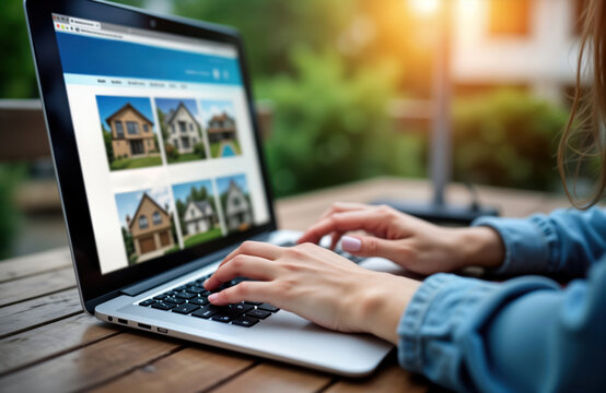 Woman browsing real estate website on laptop. Hands typing on keyboard. Open listings of houses. Modern tech convenience. Online home search. Digital property marketplace. Buying home. Residential