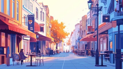 Sunny autumn day on a charming pedestrian street with cafes and shops.