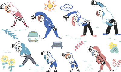 横に曲げる運動をする老若男女とアイコン　セットのストックイラスト素材
