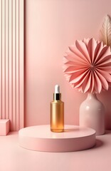 Gold beauty serum bottle with pipette sits on pink podium with geometric shapes. Pink paper flower fan, vase adds feminine touch. Modern cosmetic product display. Stylish, sophisticated look for