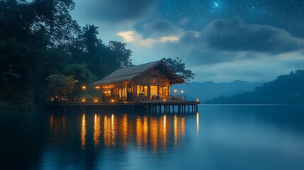 Fototapeta premium Lakeside Cabin Illuminated Under Night Sky