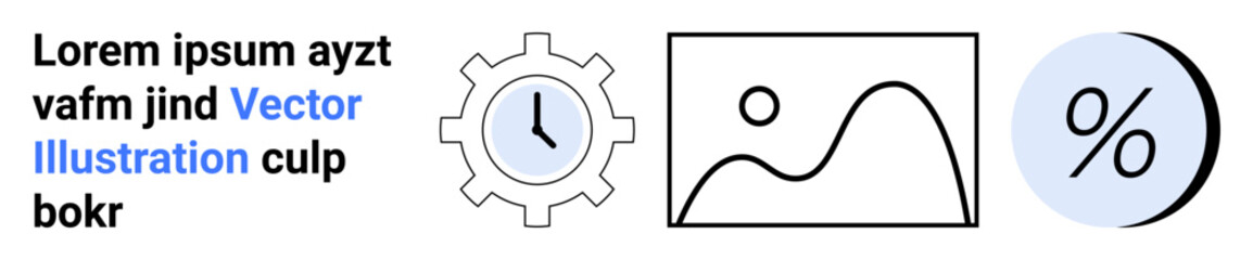 Gear with clock, image placeholder, percentage symbol. Ideal for business, technology, time management, presentations, analytics, finance web design Landing page