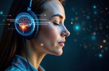 Woman wearing headphones with brain graphic. Focus, mindfulness concept. Person listens to music...